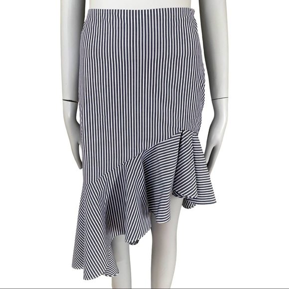 ⭐️HP⭐️ INTERMIX Asymmetrical Striped Ruffle Skirt Poplin Cotton Blue Preppy - Picture 5 of 16